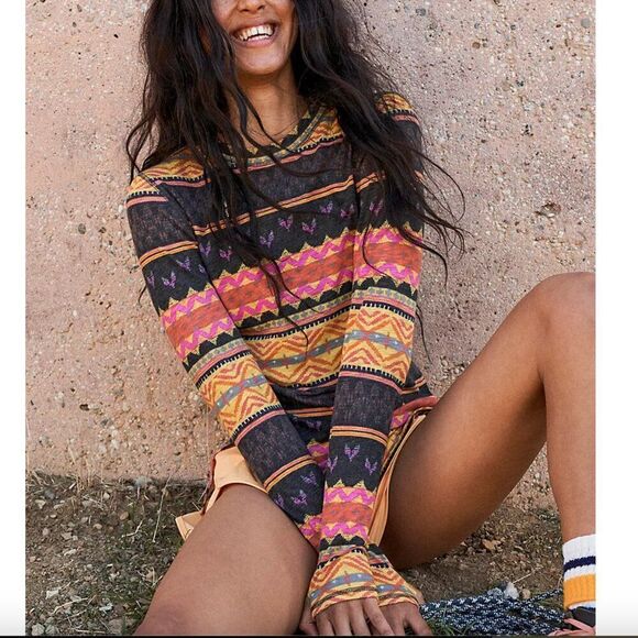 Free People Movement Chilly Nights Printed Long-Sleeve Aztec Chevron Colorful - Picture 1 of 13